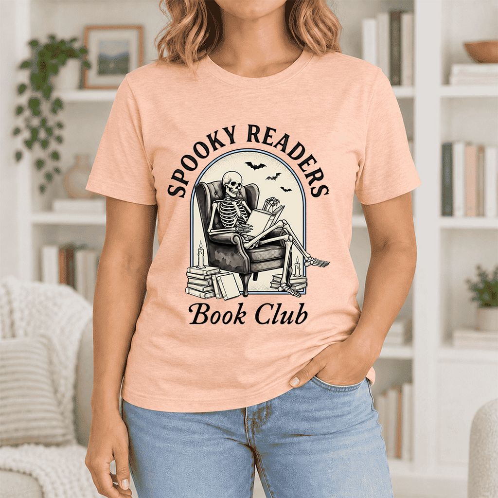 Spooky Readers Book Club Ultra-Soft Cotton T-Shirt | Halloween Book Lover Gift Heather Peach