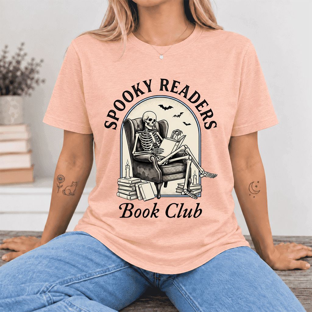 Spooky Readers Book Club Ultra-Soft Cotton T-Shirt | Halloween Book Lover Gift Heather Peach