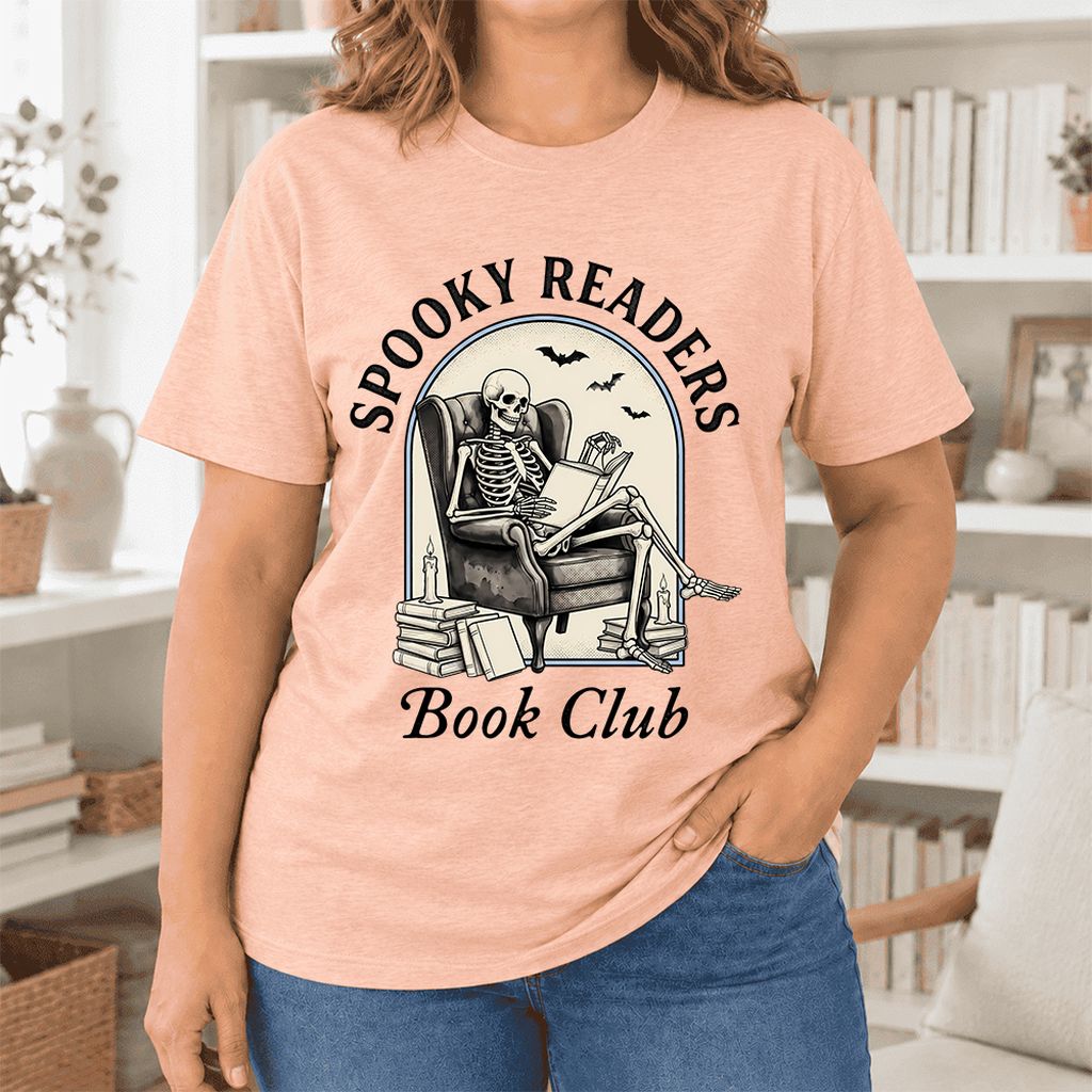 Spooky Readers Book Club Ultra-Soft Cotton T-Shirt | Halloween Book Lover Gift Heather Peach