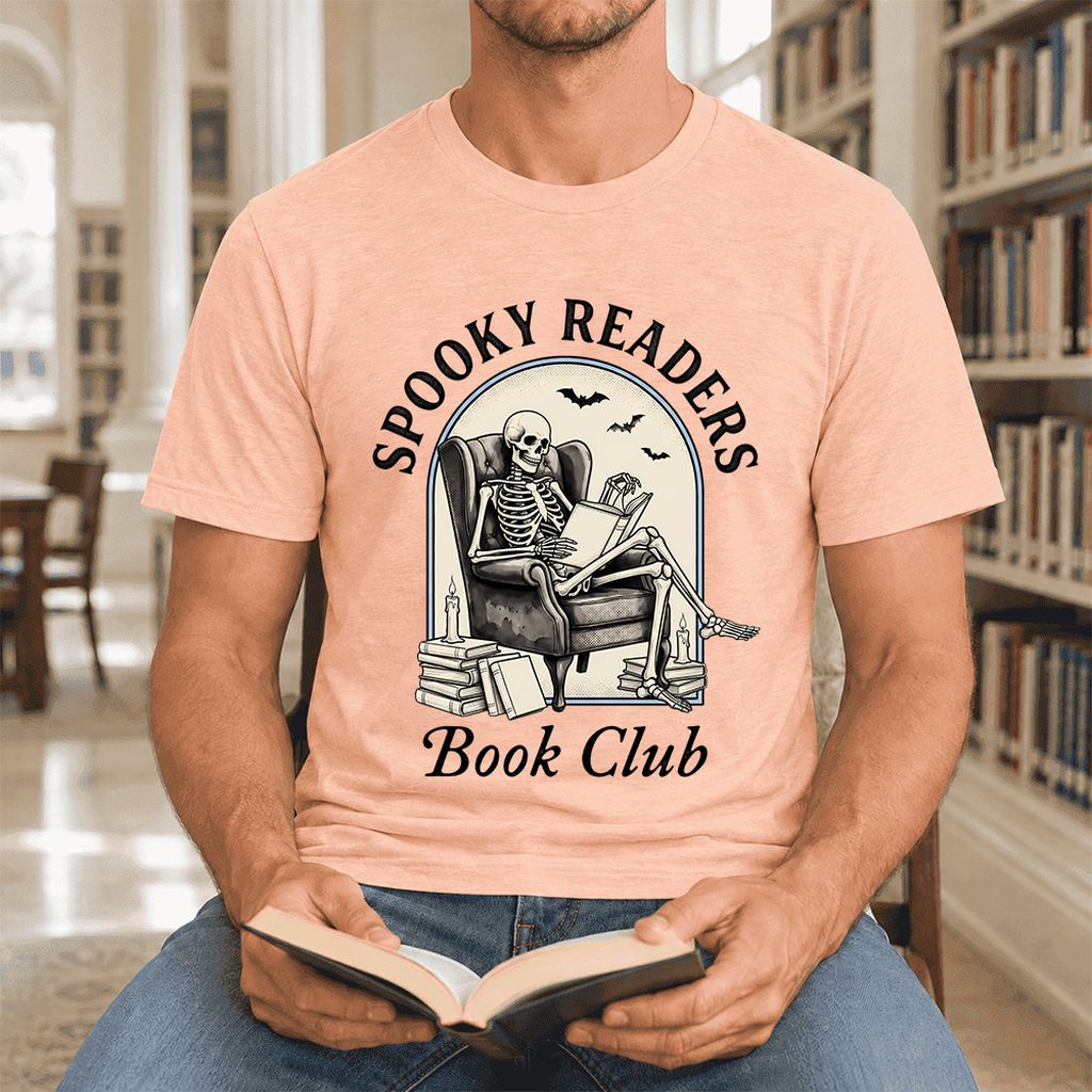Spooky Readers Book Club Ultra-Soft Cotton T-Shirt | Halloween Book Lover Gift Heather Peach