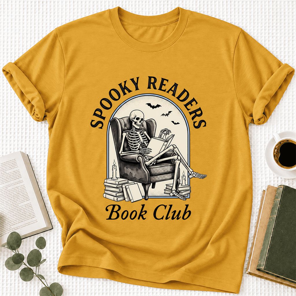 Spooky Readers Book Club Ultra-Soft Cotton T-Shirt | Halloween Book Lover Gift Mustard