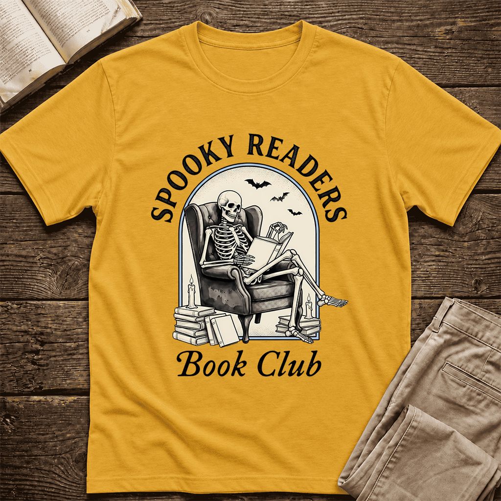 Spooky Readers Book Club Ultra-Soft Cotton T-Shirt | Halloween Book Lover Gift Mustard