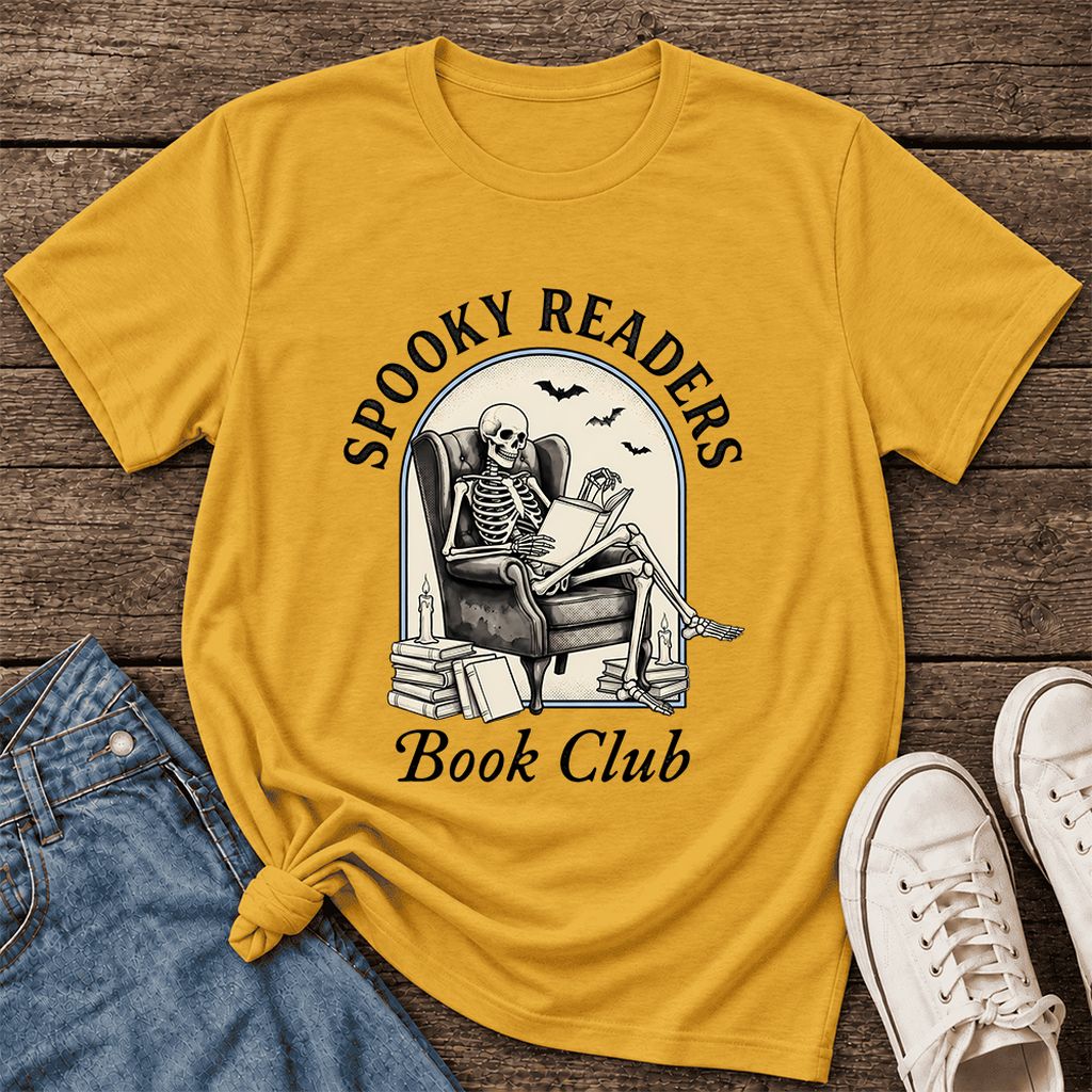 Spooky Readers Book Club Ultra-Soft Cotton T-Shirt | Halloween Book Lover Gift Mustard