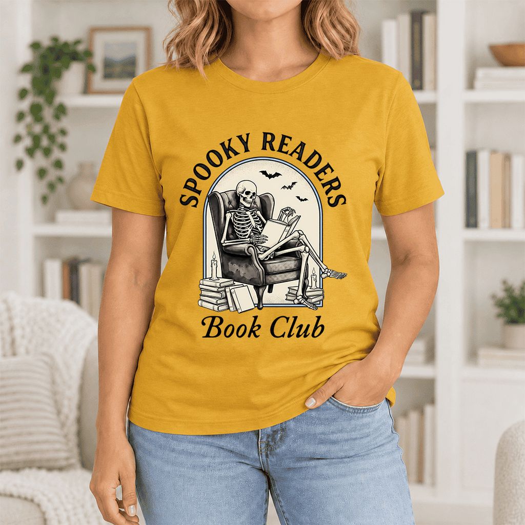 Spooky Readers Book Club Ultra-Soft Cotton T-Shirt | Halloween Book Lover Gift Mustard