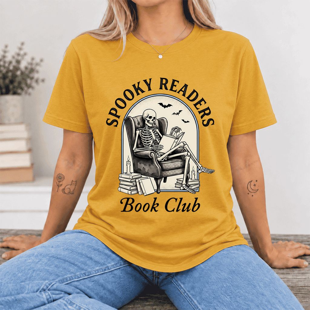 Spooky Readers Book Club Ultra-Soft Cotton T-Shirt | Halloween Book Lover Gift Mustard