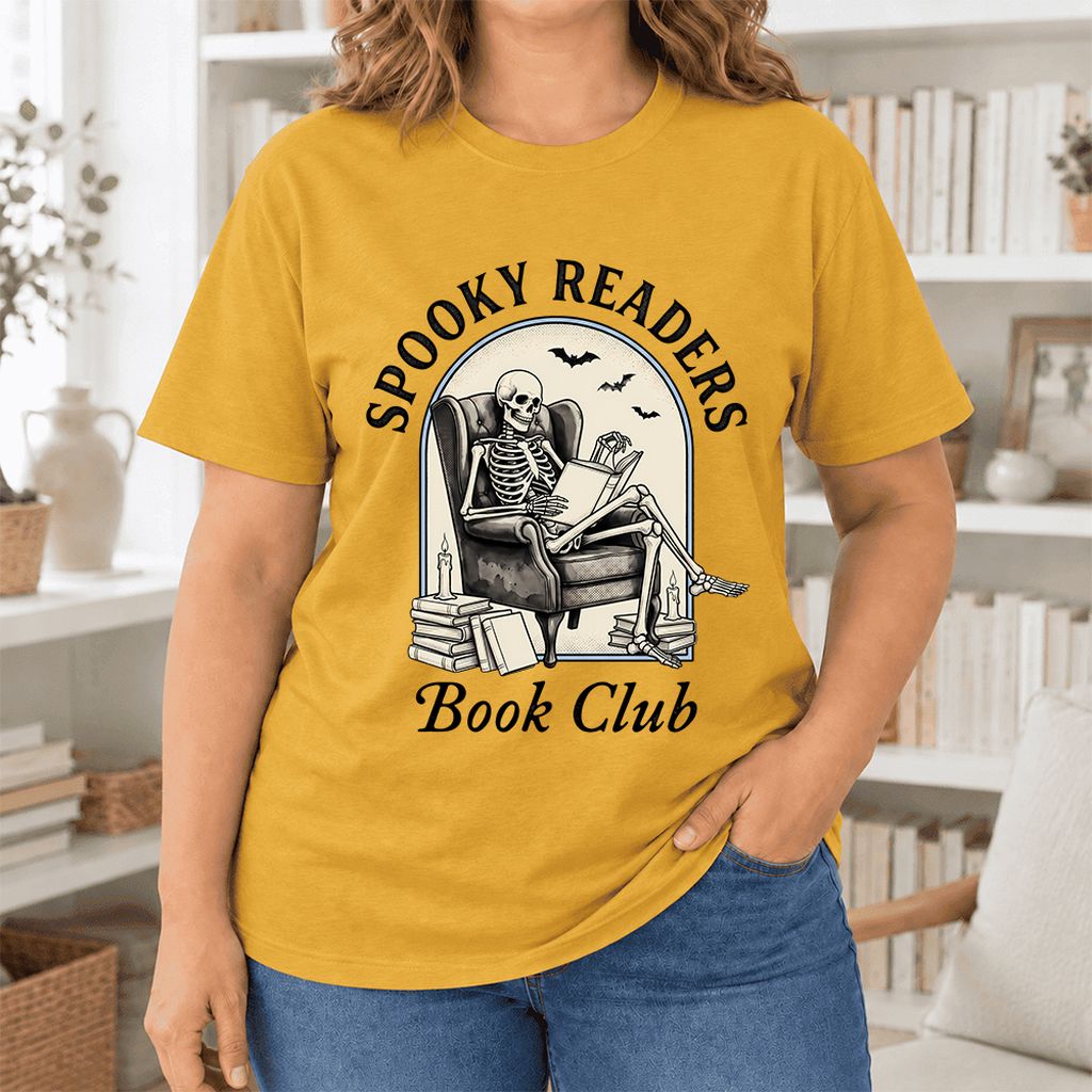 Spooky Readers Book Club Ultra-Soft Cotton T-Shirt | Halloween Book Lover Gift Mustard