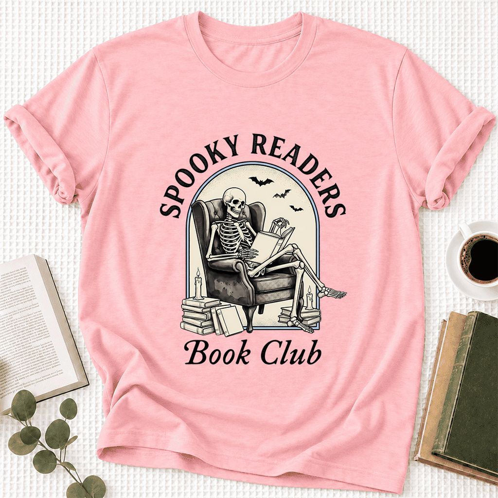 Spooky Readers Book Club Ultra-Soft Cotton T-Shirt | Halloween Book Lover Gift Pink