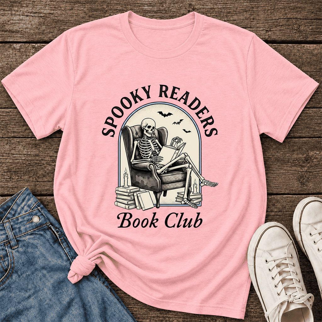 Spooky Readers Book Club Ultra-Soft Cotton T-Shirt | Halloween Book Lover Gift Pink