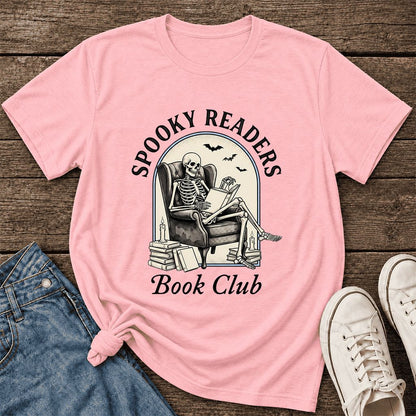 Spooky Readers Book Club Ultra-Soft Cotton T-Shirt | Halloween Book Lover Gift Pink