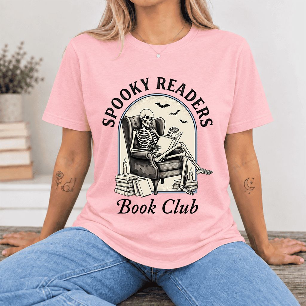 Spooky Readers Book Club Ultra-Soft Cotton T-Shirt | Halloween Book Lover Gift Pink