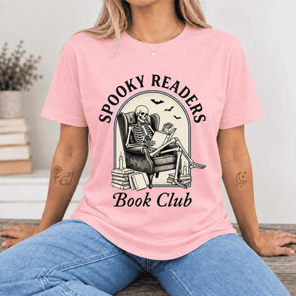Spooky Readers Book Club Ultra-Soft Cotton T-Shirt | Halloween Book Lover Gift Pink
