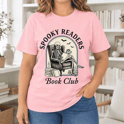 Spooky Readers Book Club Ultra-Soft Cotton T-Shirt | Halloween Book Lover Gift Pink