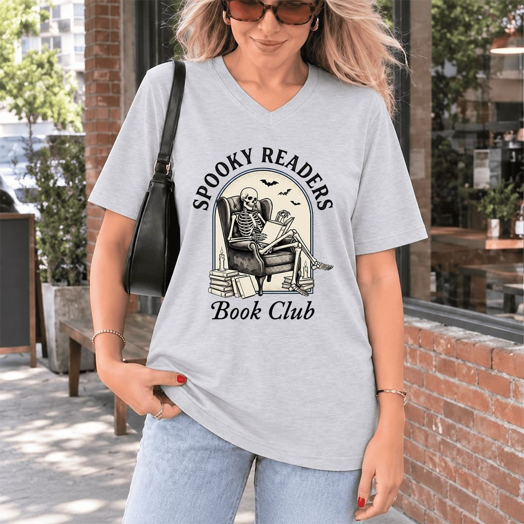 Spooky Readers Book Club Ultra-Soft V-Neck | Halloween Book Lover Gift Ash