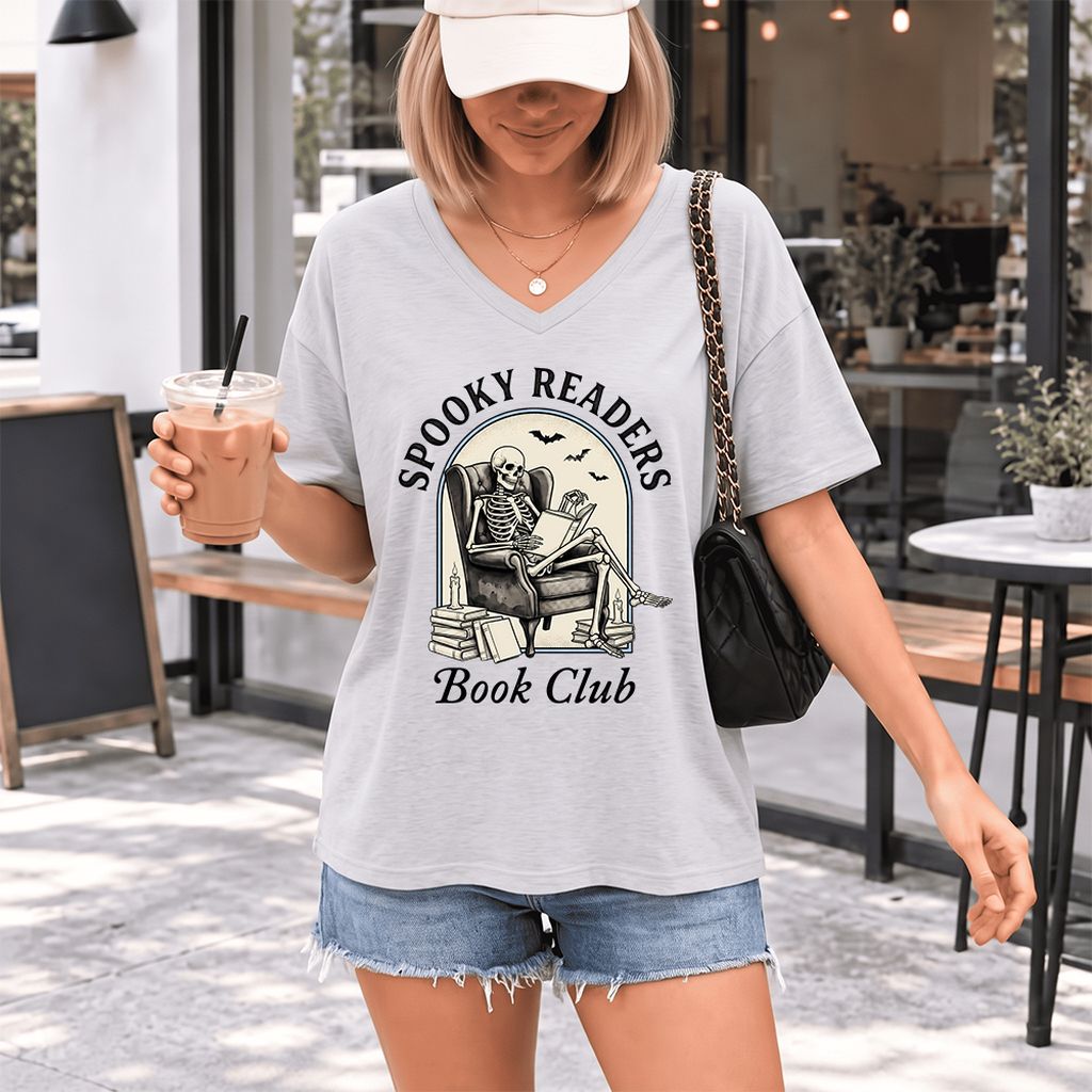 Spooky Readers Book Club Ultra-Soft V-Neck | Halloween Book Lover Gift Ash