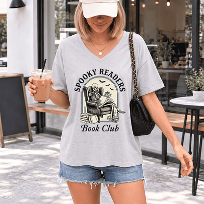 Spooky Readers Book Club Ultra-Soft V-Neck | Halloween Book Lover Gift Ash