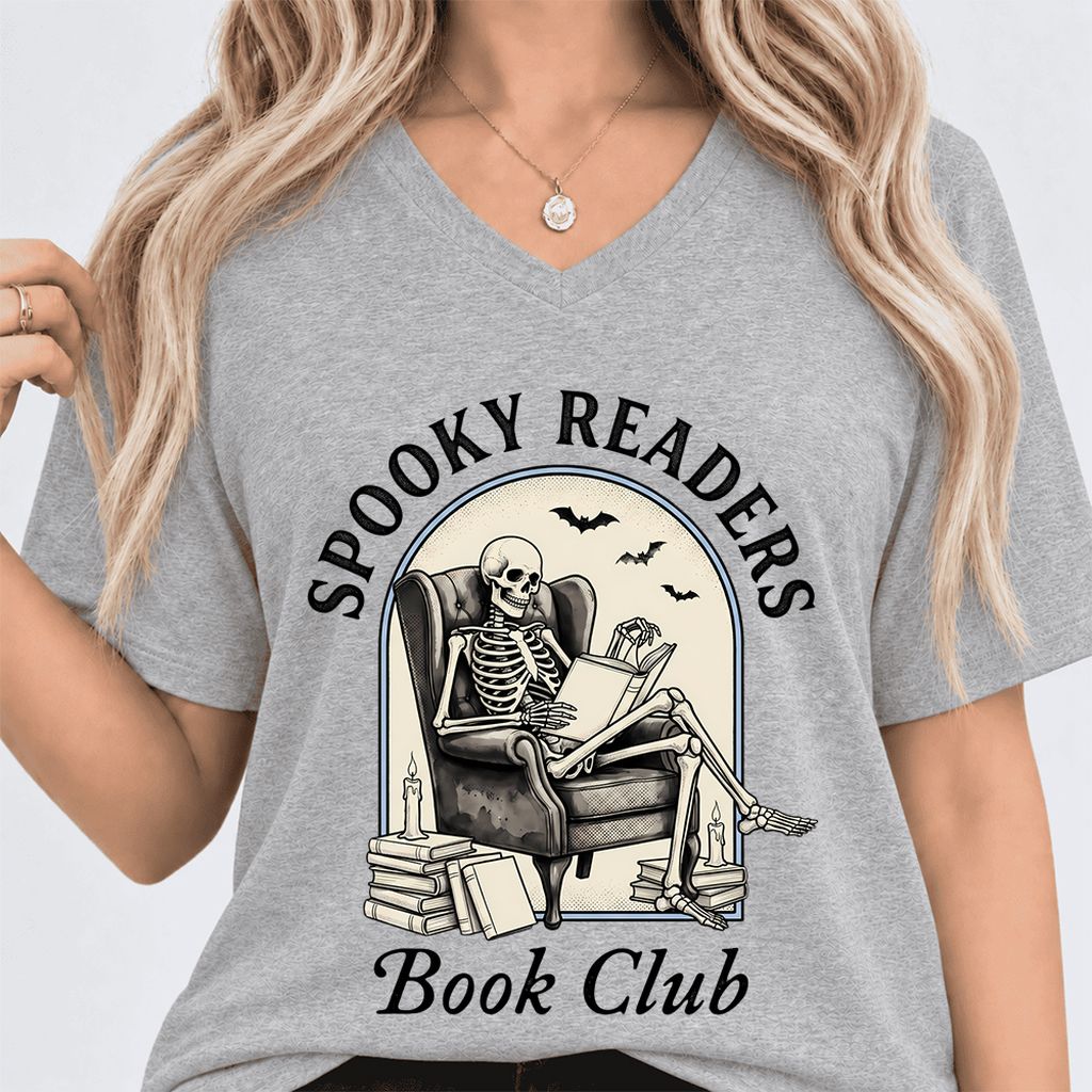 Spooky Readers Book Club Ultra-Soft V-Neck | Halloween Book Lover Gift Athletic Heather