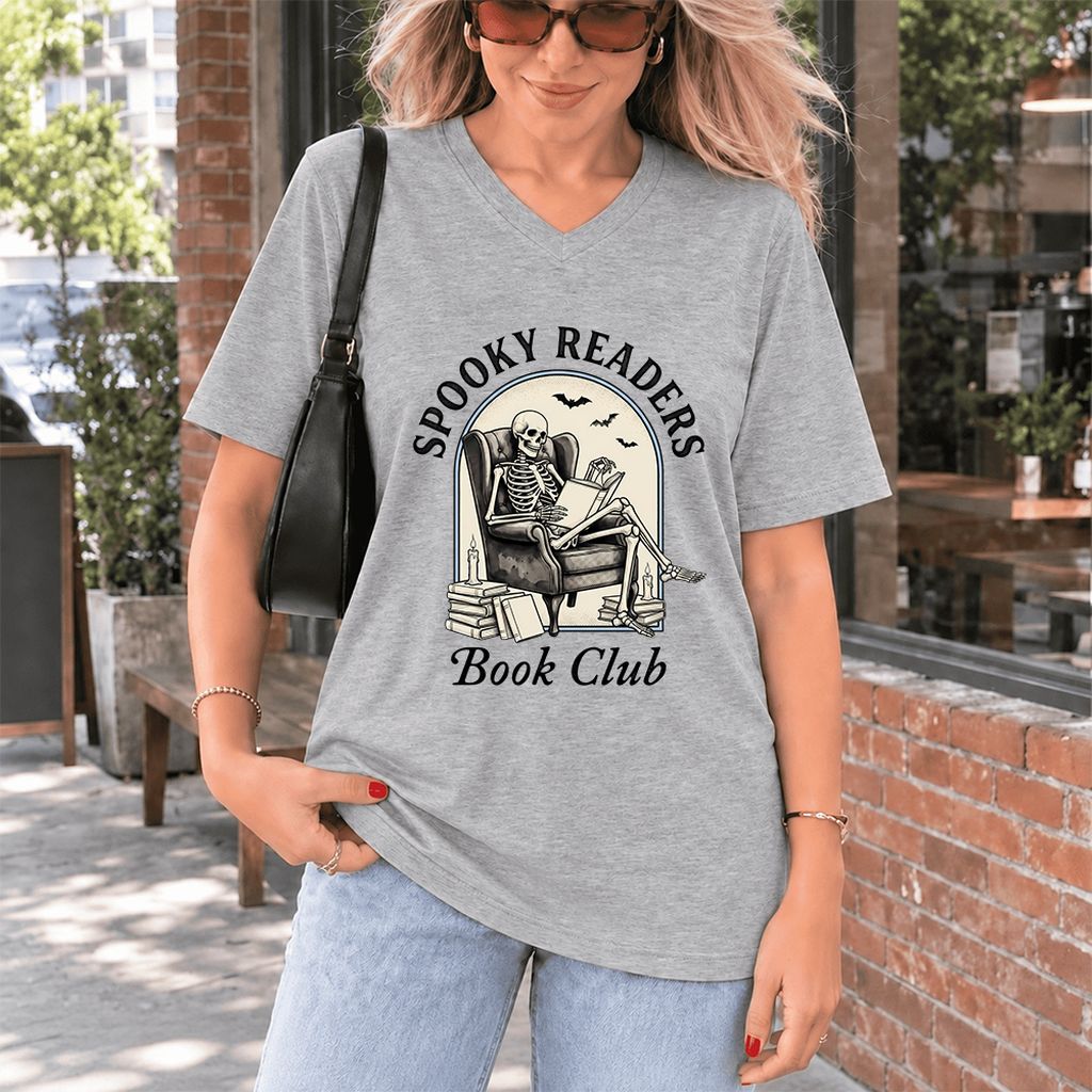 Spooky Readers Book Club Ultra-Soft V-Neck | Halloween Book Lover Gift Athletic Heather