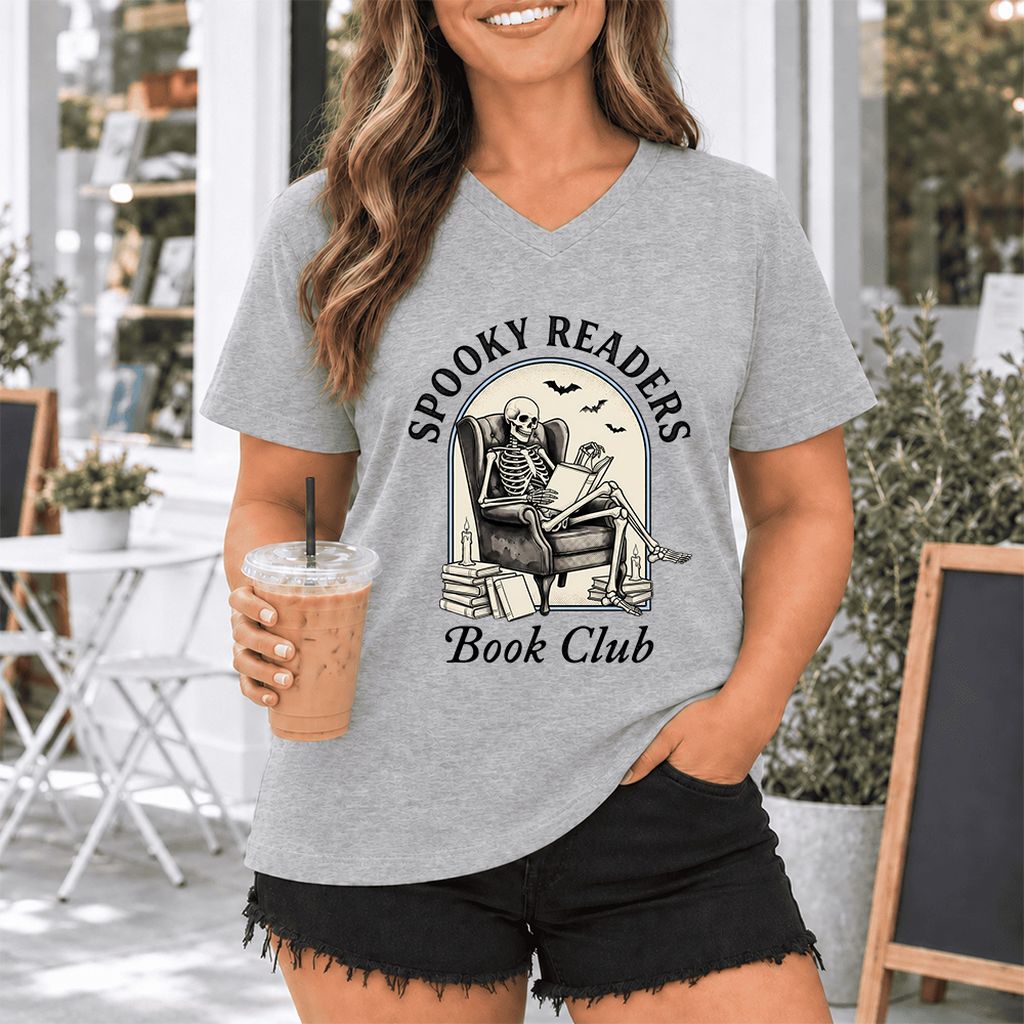 Spooky Readers Book Club Ultra-Soft V-Neck | Halloween Book Lover Gift Athletic Heather