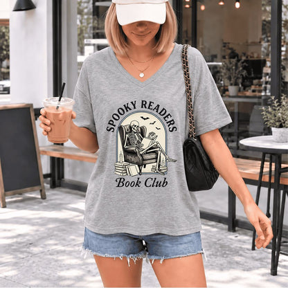 Spooky Readers Book Club Ultra-Soft V-Neck | Halloween Book Lover Gift Athletic Heather