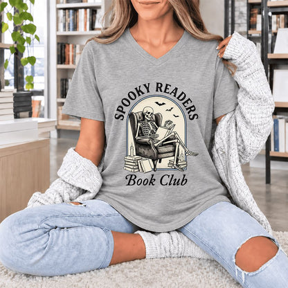 Spooky Readers Book Club Ultra-Soft V-Neck | Halloween Book Lover Gift Athletic Heather