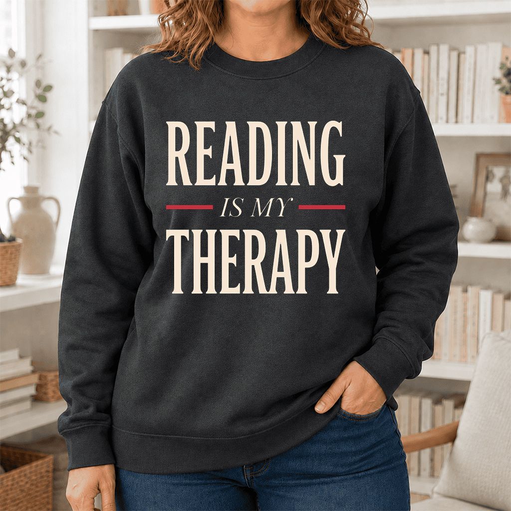 Reading Is My Therapy Printed Sweatshirt | Cozy Book Lover Gift Dark Heather