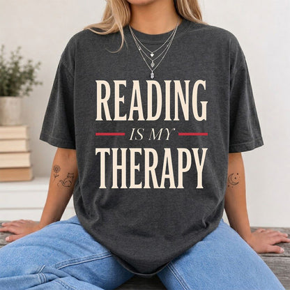 Reading Is My Therapy Printed T-Shirt | Cozy Book Lover Gift Dark Heather