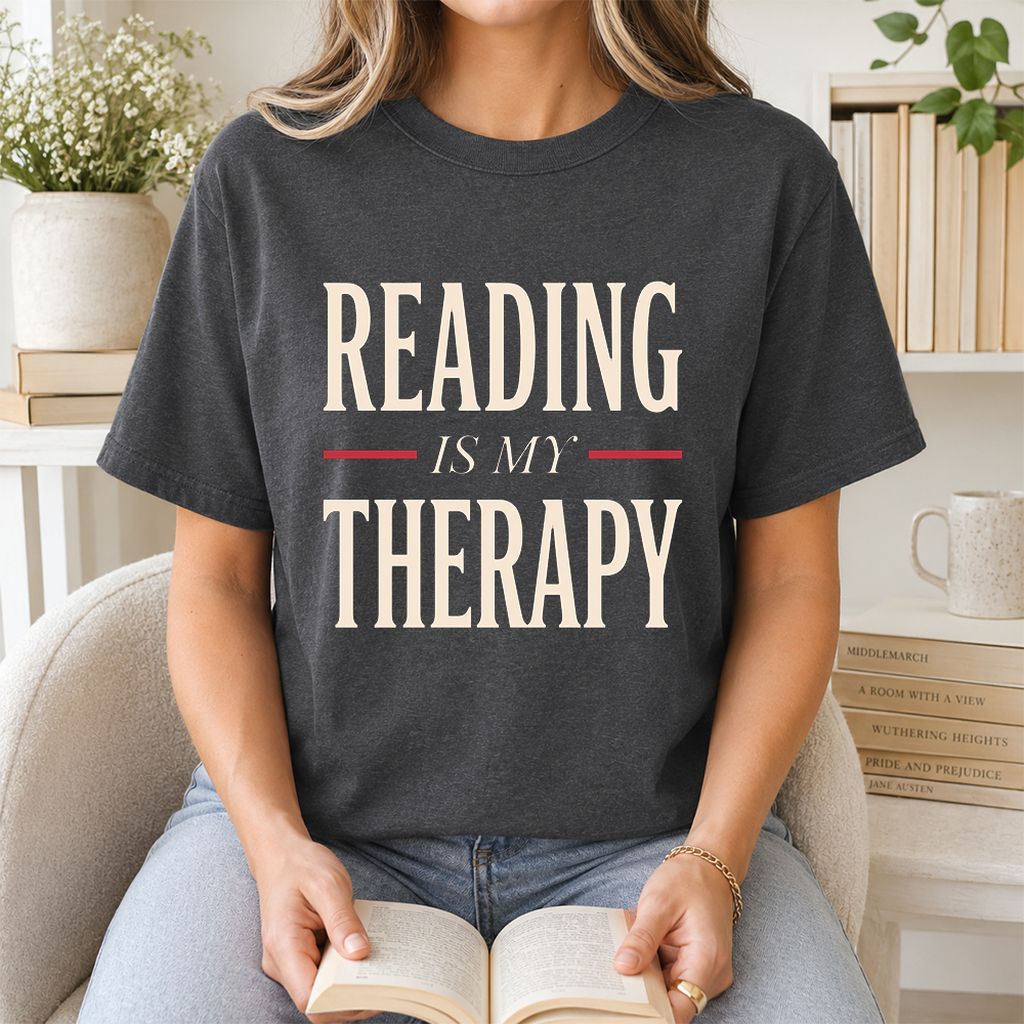 Reading Is My Therapy Printed T-Shirt | Cozy Book Lover Gift Dark Heather