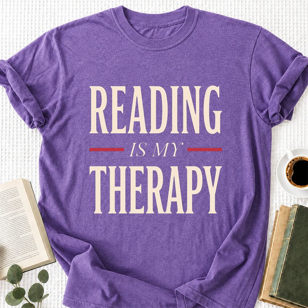 Reading Is My Therapy Printed T-Shirt | Cozy Book Lover Gift Heather Purple