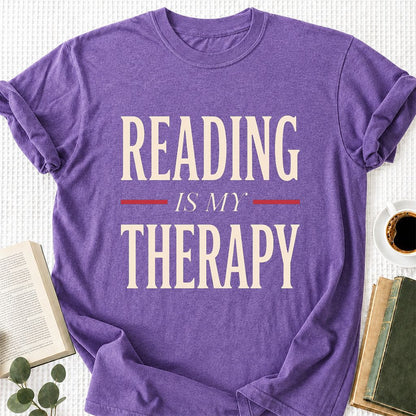 Reading Is My Therapy Printed T-Shirt | Cozy Book Lover Gift Heather Purple