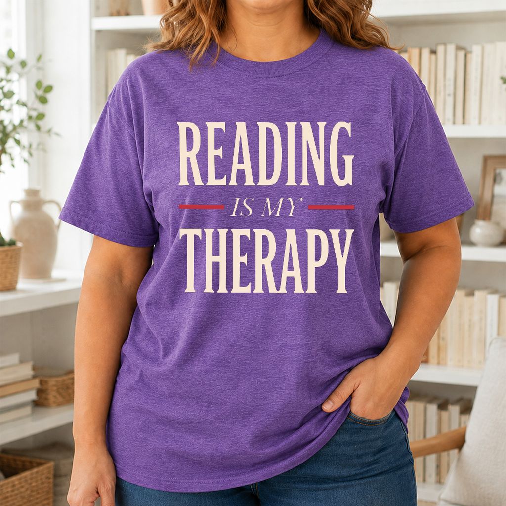 Reading Is My Therapy Printed T-Shirt | Cozy Book Lover Gift Heather Purple