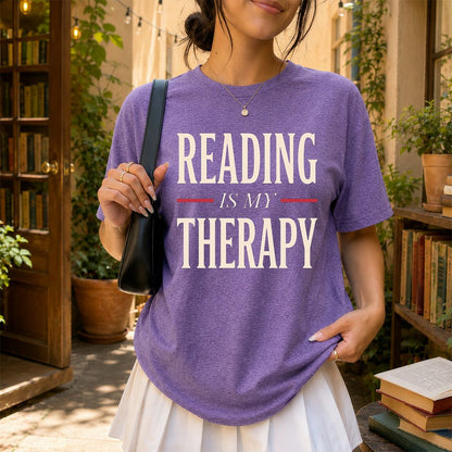 Reading Is My Therapy Printed T-Shirt | Cozy Book Lover Gift Heather Purple