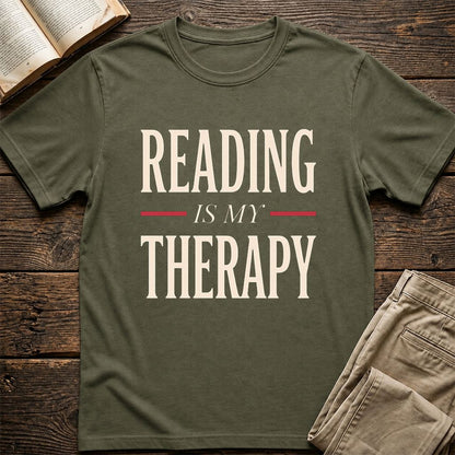 Reading Is My Therapy Printed T-Shirt | Cozy Book Lover Gift Military Green