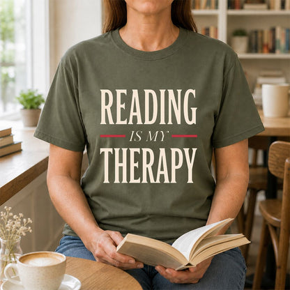 Reading Is My Therapy Printed T-Shirt | Cozy Book Lover Gift Military Green