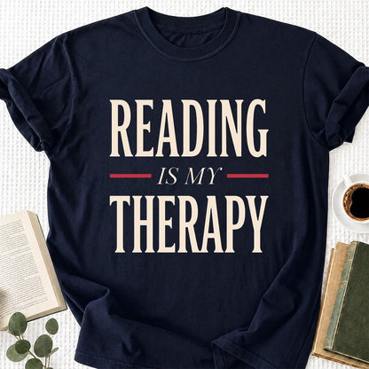 Reading Is My Therapy Printed T-Shirt | Cozy Book Lover Gift Navy