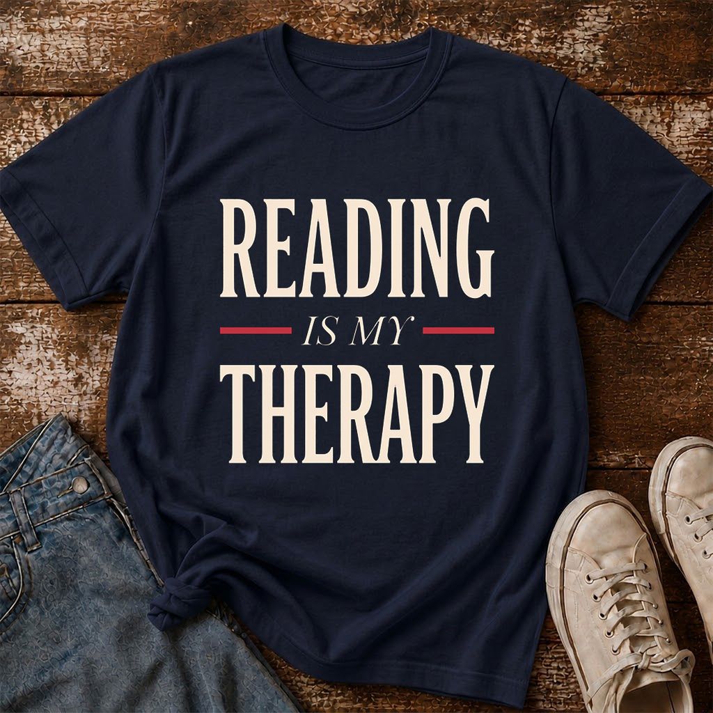 Reading Is My Therapy Printed T-Shirt | Cozy Book Lover Gift Navy