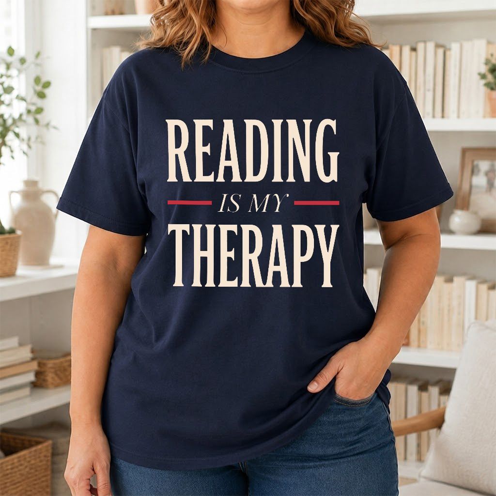 Reading Is My Therapy Printed T-Shirt | Cozy Book Lover Gift Navy