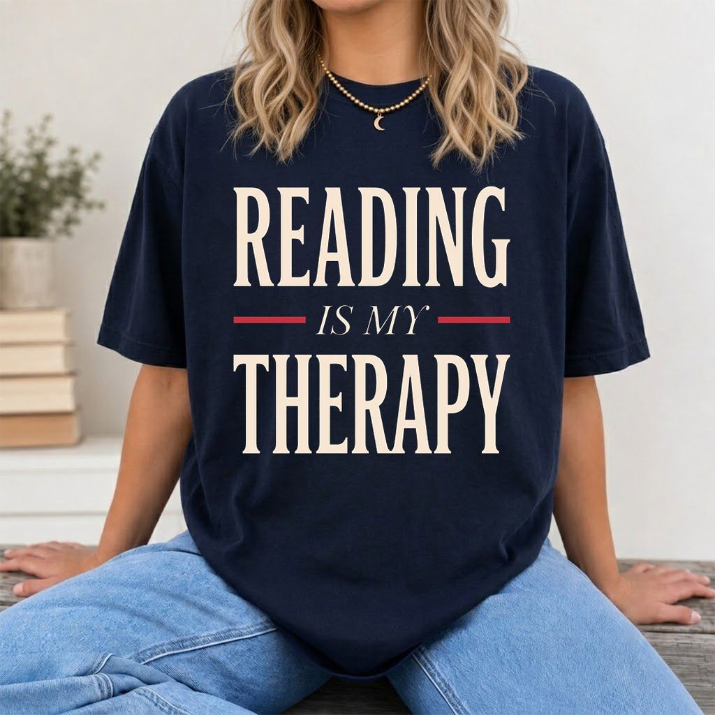 Reading Is My Therapy Printed T-Shirt | Cozy Book Lover Gift Navy