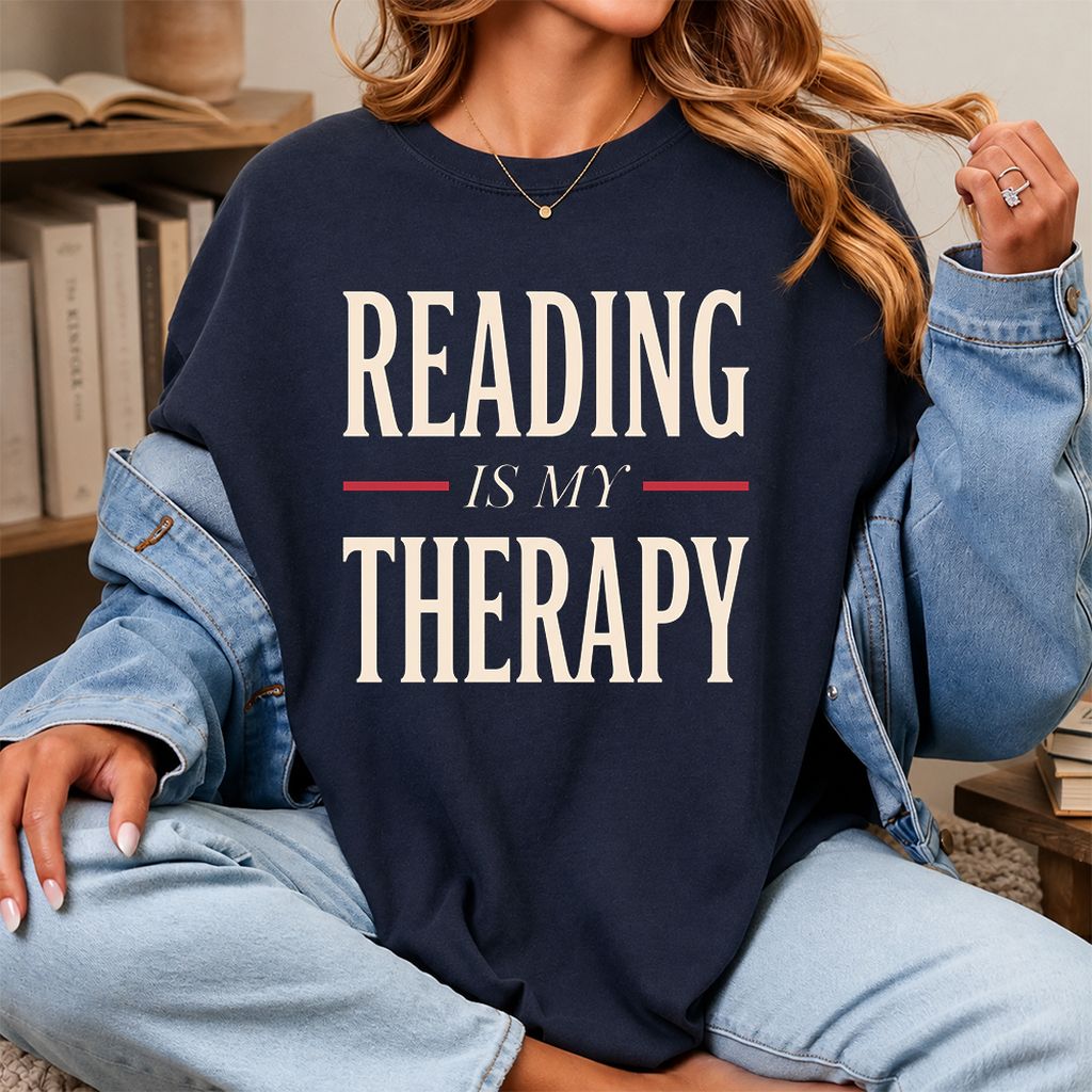 Reading Is My Therapy Printed T-Shirt | Cozy Book Lover Gift Navy