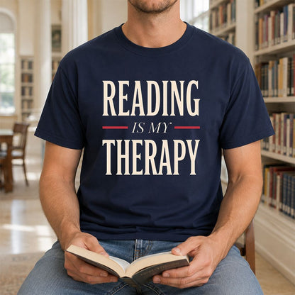 Reading Is My Therapy Printed T-Shirt | Cozy Book Lover Gift Navy