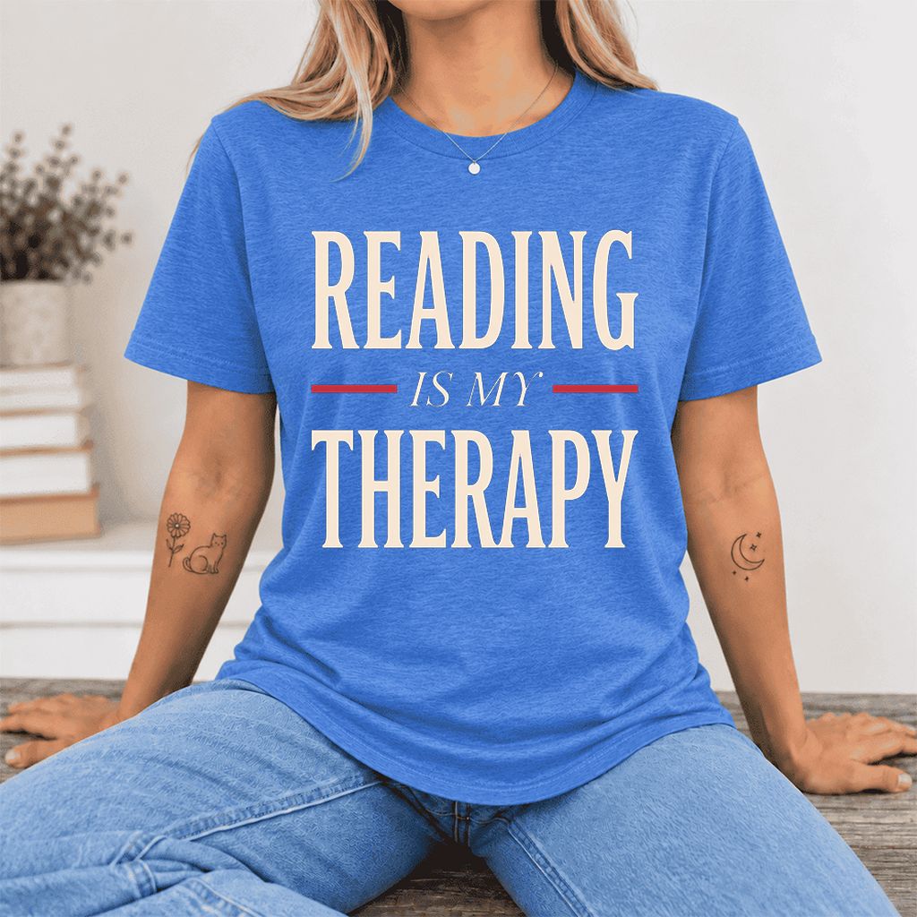 Reading Is My Therapy Ultra-Soft Cotton T-Shirt | Cozy Book Lover Gift Heather True Royal