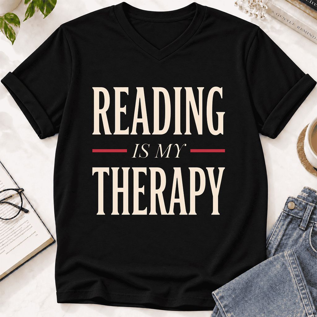 Reading Is My Therapy Ultra-Soft V-Neck | Cozy Book Lover Gift Black