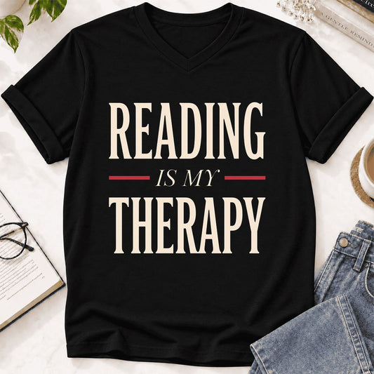 Reading Is My Therapy Ultra-Soft V-Neck | Cozy Book Lover Gift Black