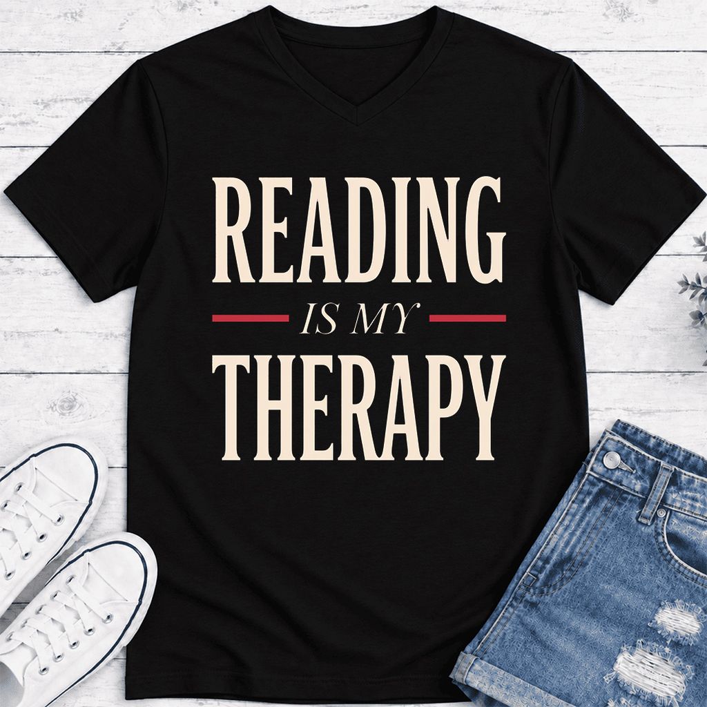 Reading Is My Therapy Ultra-Soft V-Neck | Cozy Book Lover Gift Black