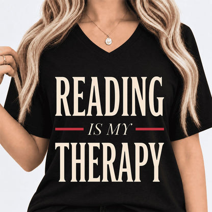 Reading Is My Therapy Ultra-Soft V-Neck | Cozy Book Lover Gift Black