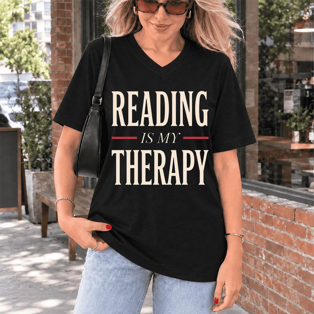 Reading Is My Therapy Ultra-Soft V-Neck | Cozy Book Lover Gift Black