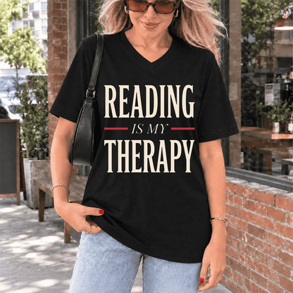 Reading Is My Therapy Ultra-Soft V-Neck | Cozy Book Lover Gift Black