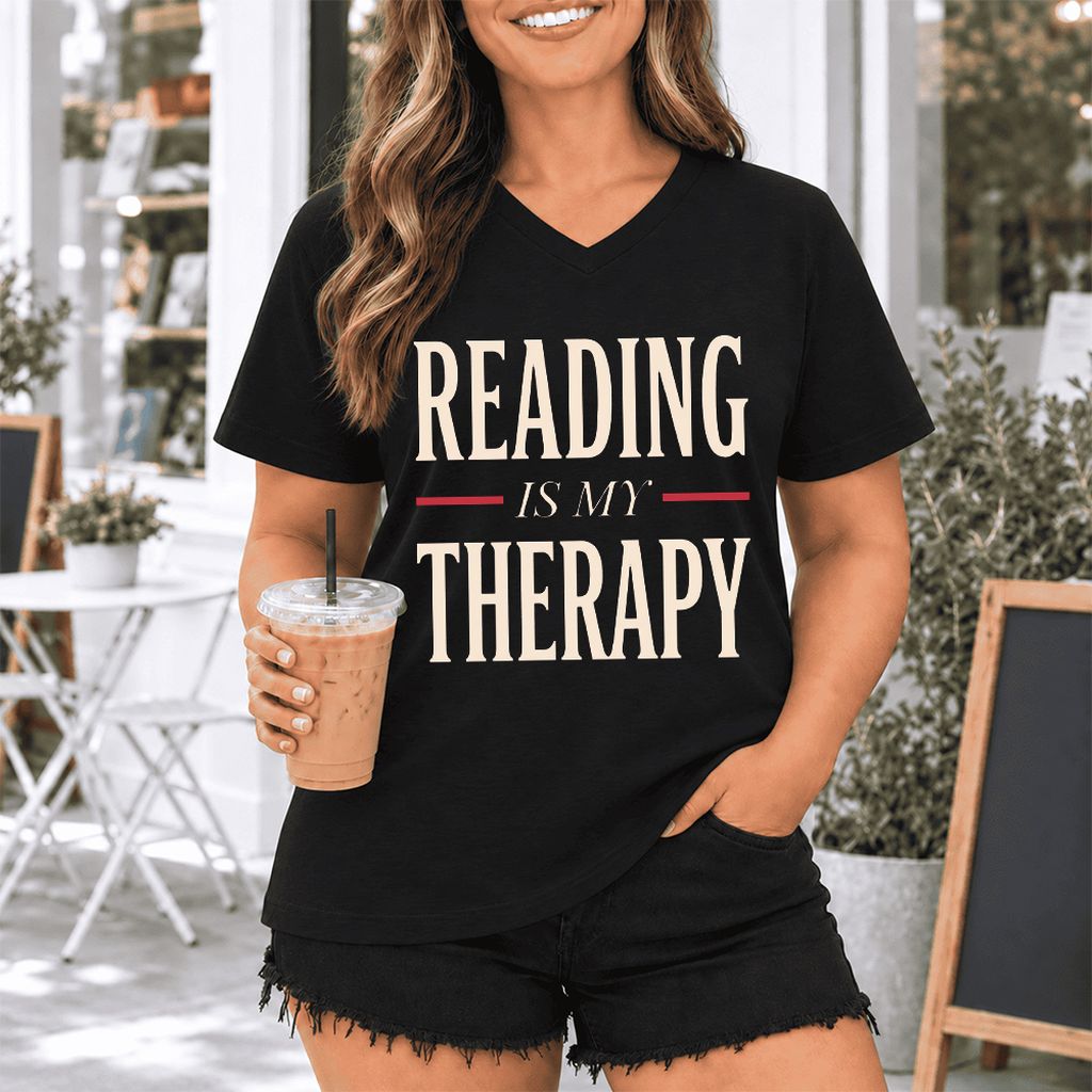 Reading Is My Therapy Ultra-Soft V-Neck | Cozy Book Lover Gift Black