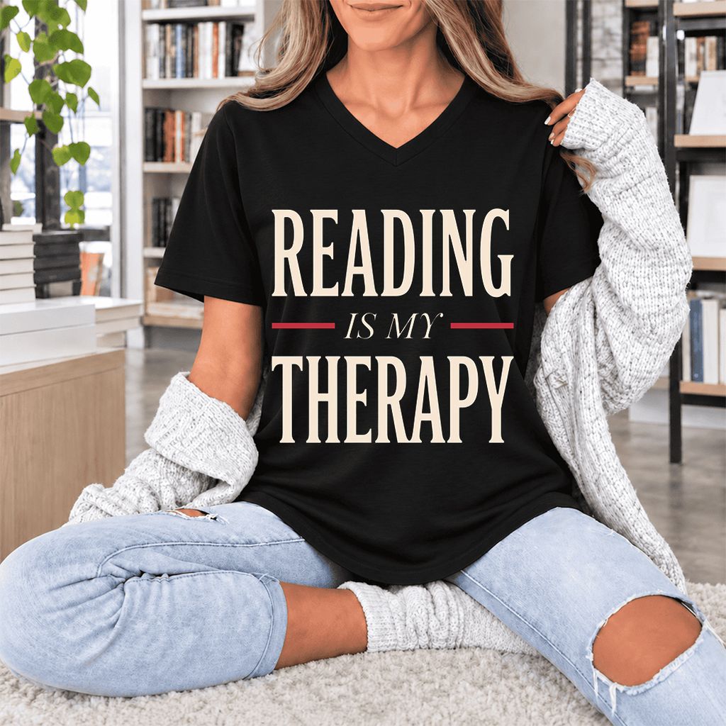 Reading Is My Therapy Ultra-Soft V-Neck | Cozy Book Lover Gift Black