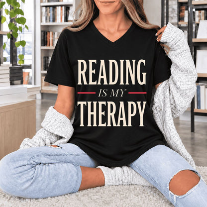 Reading Is My Therapy Ultra-Soft V-Neck | Cozy Book Lover Gift Black