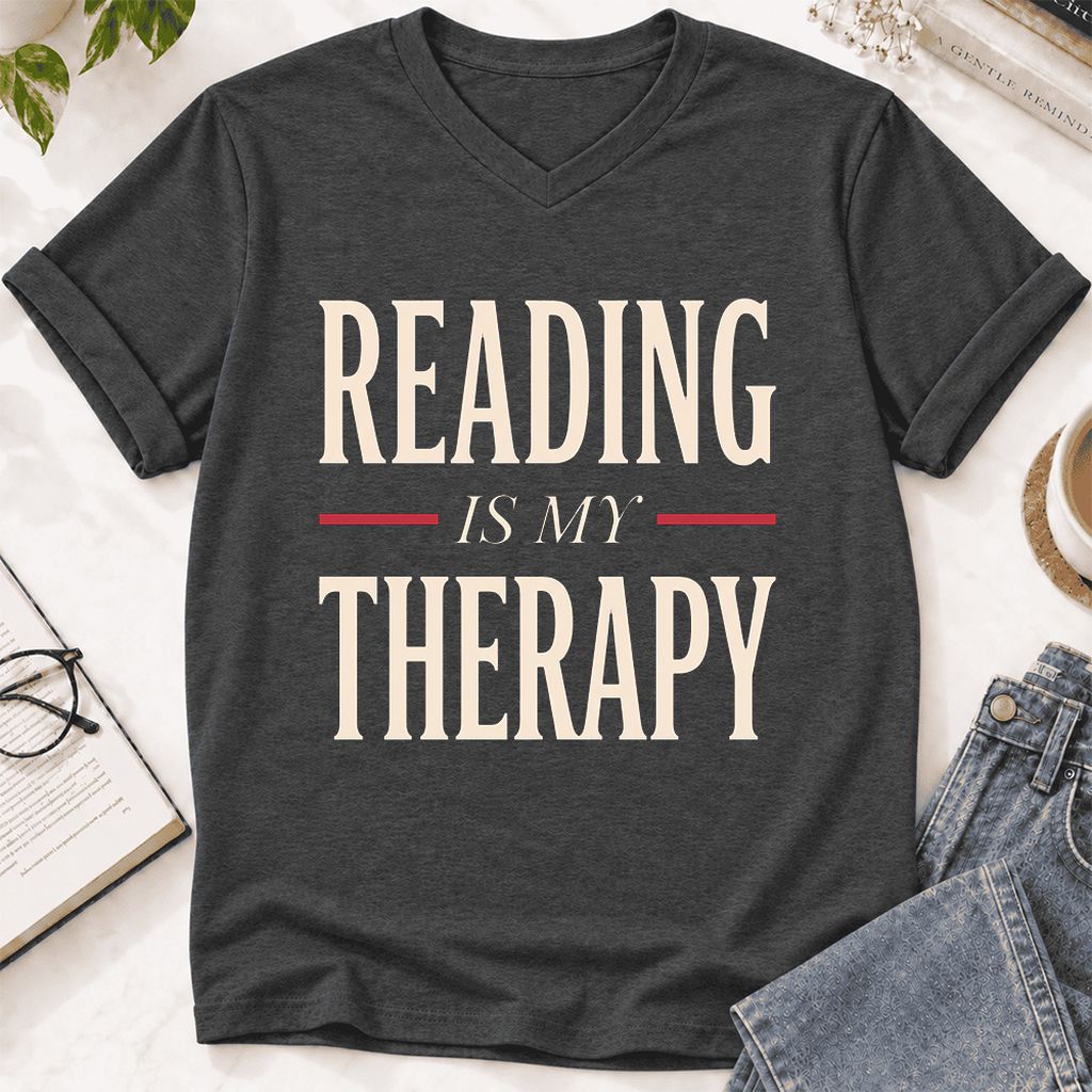 Reading Is My Therapy Ultra-Soft V-Neck | Cozy Book Lover Gift Dark Grey Heather